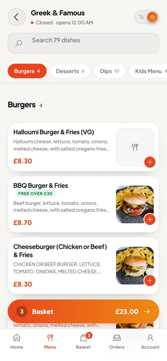 The whole menu, sizes and allergens included